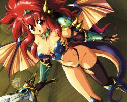  armlet armor bikini_armor breasts danmakuman dragon_half dragon_tail dragon_wings fingerless_gloves gloves highres holding holding_sword holding_weapon jewelry large_breasts long_hair looking_at_viewer mink_(dragon_half) red_eyes red_hair signature smile sword tail weapon wings 