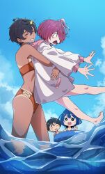  1boy 3girls absurdres bikini black_hair blue_sky closed_eyes cloud dark-skinned_female dark_skin day highres hug jacket jape_(ja_pehhhh) komari_chika make_heroine_ga_oo_sugiru! multiple_girls nukumizu_kazuhiko orange_bikini outdoors red_hair short_hair sky swimsuit tan tanlines wading water white_jacket yakishio_remon yanami_anna 