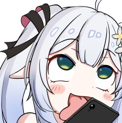  absurdres ahoge alucia black_ribbon blunt_bangs blush_stickers cellphone center-flap_bangs chinese_commentary close-up commentary_request elf female flower flower_in_eye green_eyes grey_hair hair_flower hair_ornament hair_ribbon highres indie_virtual_youtuber licking licking_object long_hair lovestruck official_art phone pointy_ears ribbon sidelocks simple_background sleeves_rolled_up smartphone solo symbol_in_eye tongue tongue_out twintails white_background white_flower 