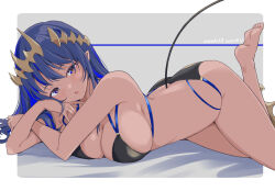  :o alternate_costume bikini black_bikini blue_eyes blue_hair blush breasts commentary_request dark-skinned_female dark_skin demon_girl demon_tail female foot_out_of_frame foot_up grey_background highres kichihachi large_breasts long_hair looking_at_viewer lying medium_bangs nanashi_inc. on_stomach open_mouth pointy_ears revision shimamura_charlotte solo swimsuit tail the_pose virtual_youtuber 