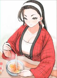  anagumasan black_hair blush breasts brown_eyes commentary_request egg female food headband highres kagura_chizuru long_hair looking_at_viewer noodles ramen red_sweater shirt sweater table the_king_of_fighters upper_body white_headband white_shirt 