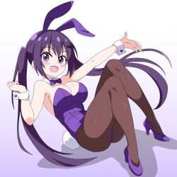  animal_ears black_pantyhose bow bowtie breasts cleavage detached_collar fake_animal_ears female gochuumon_wa_usagi_desu_ka? gradient_background highres leotard long_hair medium_breasts pantyhose playboy_bunny purple_bow purple_bowtie purple_eyes purple_hair purple_leotard rabbit_ears rabbit_tail sakuzo smile solo tail tedeza_rize twintails white_background wrist_cuffs 