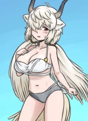  acesrulez animal_ears bikini black_horns blush breasts brown_eyes extra_ears female grey_horns hair_over_one_eye horns kemono_friends kemono_friends_3 large_breasts long_hair looking_at_viewer multicolored_horns navel ox_ears ox_girl ox_horns ox_tail solo swimsuit twintails very_long_hair white_bikini white_hair yak_(kemono_friends) 