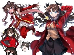  absurdres animal_ears black_skirt blue_eyes boots breasts brown_hair cat_ears cat_tail chibi closed_eyes coat dress ebora fate/hollow_ataraxia fate/kaleid_liner_prisma_illya fate/stay_night fate_(series) female hair_ribbon highres kaleido_ruby long_hair long_sleeves looking_at_viewer magical_ruby medium_breasts multiple_views open_mouth parted_bangs red_coat red_dress red_sweater ribbon skirt smile smoking sweater sweater_vest tail tohsaka_rin two_side_up 