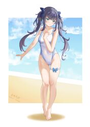  absurdres arcaea baigui_yueyou barefoot beach black_hair blue_eyes blue_sky breasts bridal_garter chinese_commentary cloud commentary_request cone_hair_bun covered_navel female hair_bun highleg highleg_one-piece_swimsuit highres horizon long_hair looking_at_viewer medium_breasts ocean one-piece_swimsuit sky solo swimsuit tairitsu_(arcaea) twintails white_one-piece_swimsuit 