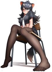  alternate_costume animal_ears australian_devil_(kemono_friends) bare_arms black_hair black_shirt black_skirt brown_eyes brown_hair brown_pantyhose chair closed_mouth colored_tips cropped_shirt deku_suke extra_ears eyepatch feet female from_below full_body furrowed_brow grey_hair half-closed_eye highres kemono_friends kemono_friends_3 light_smile long_hair looking_at_viewer medical_eyepatch medium_bangs midriff miniskirt multicolored_hair no_shoes one_eye_covered pantyhose parted_bangs see-through see-through_legwear shirt short_sleeves simple_background sitting skirt solo stomach swept_bangs tail tasmanian_devil_ears tasmanian_devil_tail three_quarter_view toenails toes 