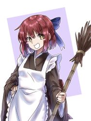  apron black_kimono blue_bow blush_stickers bow breasts broom dress ebora female hairbow highres japanese_clothes kimono kohaku_(tsukihime) long_sleeves looking_at_viewer maid maid_apron open_mouth red_hair short_hair small_breasts smile solo tsukihime white_apron yellow_eyes 