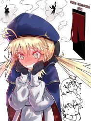  1boy 2girls ? @_@ absurdres ahoge artoria_caster_(fate) artoria_caster_(second_ascension)_(fate) artoria_pendragon_(fate) beret black_gloves blonde_hair blue_cape blue_hat blush breasts buttons cape chibi double-breasted dress ebora fate/grand_order fate_(series) fujimaru_ritsuka_(female) fujimaru_ritsuka_(male) full-face_blush gloves green_eyes hat heart heart_ahoge highres hood hooded_cape long_hair long_sleeves multicolored_cape multicolored_clothes multiple_girls open_mouth red_cape small_breasts smile sword_swallowing twintails white_dress 