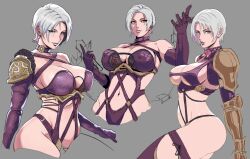  armor blue_eyes bra breasts dominatrix earrings female fishnets flower gold_armor isabella_valentine jewelry looking_at_viewer menaslg multiple_views purple_bra purple_lips short_hair soulcalibur stomach underwear upper_body weapon whip_sword white_hair 