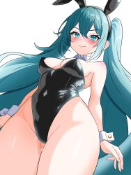  &gt;:) alternate_costume animal_ears aqua_eyes aqua_hair arms_at_sides ass_visible_through_thighs bare_shoulders black_hairband black_leotard blush breasts commentary_request covered_navel detached_collar fake_animal_ears female floating_hair from_below full-face_blush groin hair_between_eyes hairband hatsune_miku highres leotard long_hair looking_at_viewer looking_down medium_breasts oekakishizuku playboy_bunny rabbit_ears sidelocks simple_background strapless strapless_leotard thick_thighs thighs thong_leotard v-shaped_eyebrows very_long_hair vocaloid white_background wrist_cuffs 