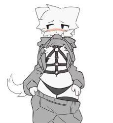  anthro bdsm_gear blush boy_kisser_(meme) clothing femboy fluffy legwear male meme solo sufness thigh_highs 