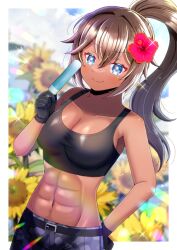  &gt;:) abs bare_arms bare_shoulders belt belt_buckle black_belt black_gloves blue_eyes blush breasts brown_hair buckle camouflage camouflage_pants cleavage closed_mouth collarbone commentary_request commission female flower food gloves grey_pants hair_between_eyes hair_flower hair_ornament hand_up hibiscus high_ponytail holding holding_food ice_cream kou_hiyoyo long_hair looking_at_viewer medium_breasts navel original pants ponytail purple_flower skeb_commission smile solo sunflower tan v-shaped_eyebrows yellow_flower 