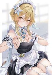  alternate_costume apron armband black_dress blonde_hair blush breasts cleavage commentary_request cowboy_shot dress enmaided female flower frilled_apron frilled_armband frilled_dress frilled_wrist_cuffs frills genshin_impact hair_between_eyes hair_flower hair_ornament hands_up head_tilt heart heart_hands highres looking_at_viewer lumine_(genshin_impact) maid maid_headdress maruro medium_breasts short_hair_with_long_locks sideboob sleeveless sleeveless_dress smile solo thighhighs thighs waist_apron white_apron white_armband white_flower white_thighhighs white_wrist_cuffs wrist_cuffs yellow_eyes 