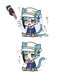  2boys animal_ears between_legs blue_hair brown_eyes cat_boy cat_ears cat_tail chibi ciao_churu commentary_request floyd_leech full_body hand_between_legs hat heterochromia highres kemonomimi_mode male_focus multiple_boys nkgph6jv0omfbwq out_of_frame pet_food sailor sharp_teeth short_hair sitting solo_focus tail tail_wagging teeth translation_request twisted_wonderland white_background yellow_eyes 