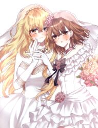  2girls blonde_hair blush bouquet breasts bridal_veil bride brown_eyes brown_hair dress elbow_gloves gloves highres holding holding_bouquet jewelry large_breasts long_hair medium_hair misaka_mikoto multiple_girls necklace ring shokuhou_misaki snowflower_525 sparkling_eyes spider_web_print toaru_kagaku_no_railgun toaru_majutsu_no_index veil wedding_dress wedding_ring white_background white_dress white_gloves 