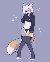  anthro arcanis_(hahaluckyme) bell bell_collar bow_ribbon clothing collar cropped_hoodie domestic_cat felid feline felis female fleurfurr fur grey_body grey_fur hi_res legwear mammal midriff multicolored_body multicolored_fur one_eye_closed orange_eyes oversized_sleeves panties smile solo tan_body tan_fur thigh_highs thong toeless_legwear underwear white_body white_fur 