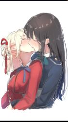  2girls black_hair blonde_hair blue_dress blush closed_mouth commentary_request dress hair_ribbon hand_on_another&#039;s_waist highres inoue_takina kissing letterboxed long_hair long_sleeves lycoris_recoil lycoris_uniform medium_hair multiple_girls nishikigi_chisato red_dress red_ribbon ribbon simple_background submaro upper_body white_background yuri 