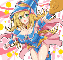  blonde_hair blue_dress blue_footwear blue_hat blush_stickers breasts cape cleavage daiichi_(1279220) dark_magician_girl dress duel_monster female green_eyes hair_between_eyes hat hexagram highres holding holding_staff large_breasts long_hair multicolored_background open_mouth pink_cape solo staff star_of_david thighs yu-gi-oh! 