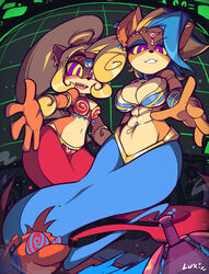  2girls abs anthro anthro_only arabian arabian_clothes arabian_mythology bandicoot belly_dancer belly_dancer_outfit blonde_hair blue_hair cleavage coco_bandicoot crash_(series) djinn female fit_female fully_clothed furry genie harem harem_girl harem_outfit huge_breasts hypnotic_eyes large_breasts luxidoro middle_eastern middle_eastern_clothing middle_eastern_mythology mythology pirate_tawna tawna_bandicoot tawna_bandicoot_(crash_4) 