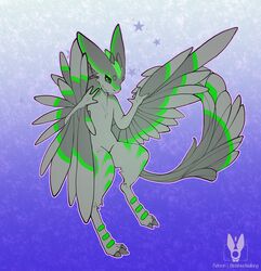  2022 3_fingers 3_toes 4_ears aaron_(avali) anthro avali avian bedsheetwalking biped claws countershade_feathers countershading digitigrade feathered_wings feathers featureless_crotch feet fingers green_body green_eyes green_feathers green_scutes green_stripes green_tail_feathers grey_arms grey_body grey_chest grey_claws grey_ears grey_feathers grey_feet grey_hands grey_head grey_legs grey_sclera grey_tail grey_tail_feathers grey_toes grey_torso grey_wings hi_res long_ears male male_(lore) male_anthro multi_ear multicolored_body multicolored_feathers nude nude_anthro nude_male outline pink_outline purple_background scutes signature simple_background solo sparkles star stripes tail tail_feathers toes two_tone_body two_tone_feathers watermark winged_arms wings 