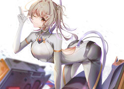  absurdres bodysuit breasts brown_hair cockpit female highres nanami_(punishing:_gray_raven) orange_eyes punishing:_gray_raven small_breasts smile smll233 white_background white_bodysuit 