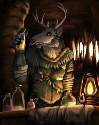  absurd_res antagonist anthro arm_wrapping belt bone bottle brown_body brown_fur canid canine canis cave container dironic firelight fur fur_lined_clothing hi_res ivar_landvik lamp lean_body liquid male mammal mask moody_lighting oil_lamp poison_(final_fight) secrets_of_uncrom skull solo toxins uncrom valtalska_dercas villian wolf yellow_eyes yenocwolf 