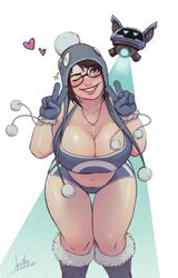  2018 beanie belly black-framed_eyewear blue_gloves blue_headwear blue_sports_bra blush boots breasts brown_eyes brown_hair cleavage commentary devilhs double_v drone english_commentary female glasses gloves hat heart highres huge_breasts jewelry knee_boots knees_together_feet_apart leaning_forward lips mei_(overwatch) muffin_top navel necklace nose_blush one_eye_closed overwatch overwatch_1 pendant plump short_shorts shorts signature snowball_(overwatch) snowflake_ornament solo_focus sports_bra swept_bangs thigh_gap underwear v 