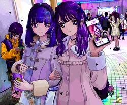  4girls ace_akira black_hair blue_eyes blue_hair brown_hair cellphone crowd holding holding_phone iphone_11 iphone_x jaggy_lines locked_arms looking_at_viewer multiple_girls original phone pixel_art purple_eyes purple_hair smartphone 