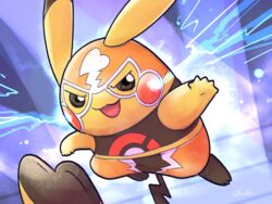  black_eyes clothed_pokemon commentary_request cosplay_pikachu electricity full_body furrowed_brow highres jumping no_humans ohdon pikachu pikachu_libre pokemon pokemon_(creature) purple_background solo 