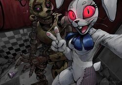  2022 absurd_res alpineping animatronic anthro bow_(feature) bow_in_front bow_tie buckteeth burntrap_(fnaf) claws clothing costume digital_media_(artwork) duo ellipsis exposed_endoskeleton eyelashes female five_nights_at_freddy&#039;s five_nights_at_freddy&#039;s:_security_breach frown gesture glowing glowing_eyes hand_gesture hat headgear headwear hi_res high-angle_view lagomorph leporid looking_at_another looking_at_viewer machine male mammal party_hat patch_(fabric) purple_eyes question_mark questioning_ellipsis rabbit red_eyes red_sclera robot rubble scottgames scowl seam_(sewing) selfie smile smiling_at_viewer steel_wool_studios stitch_(sewing) teeth v_sign vanny_(fnaf) whiskers william_afton_(fnaf) 