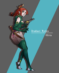  ass breasts cleavage_cutout clothing_cutout colored_skin dagger dark_eldar earrings elbow_gloves eldar elf female full_body gloves green_eyes green_gloves green_leotard green_thighhighs grey_background grey_skin gun handgun highres holding holding_gun holding_weapon jewelry kneepits knife leotard long_hair multiple_weapons orange_hair parted_lips pointy_ears rmulderz sheath sheathed sideboob soles solo standing stirrup_legwear thighhighs toeless_legwear toes warhammer_40k weapon 