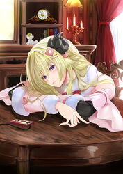  animal_ears blonde_hair bow bowtie braid commentary detached_sleeves dress elbows_on_table famicom_gamepad female fur-trimmed_dress fur-trimmed_sleeves fur_trim hair_ornament hairclip half_updo head_rest highres hololive horns long_hair looking_at_viewer maho_(yakimorokoshi) purple_eyes red_bow red_bowtie ribbed_sleeves sheep_ears sheep_girl sheep_horns sleeveless sleeveless_dress solo tsunomaki_watame tsunomaki_watame_(1st_costume) virtual_youtuber white_dress 