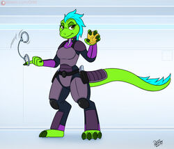  2019 4_toes anthro armor badge body_armor claws clothed clothing cuff_(restraint) digital_media_(artwork) drxii feet female handcuffs hi_res kobold kobold_quest lizard looking_at_viewer metal_cuffs niq_(tres) reptile restraints scalie security security_guard security_uniform simple_background smile solo tail toes uniform 