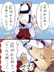  animal animal_ears bangs biting blue_background bow female fujiwara_no_mokou hairbow hands_up itomugi-kun long_hair long_sleeves multicolored multicolored_bow panda panda_ears panda_tail pants red_bow red_pants shirt short_sleeves standing tail touhou white_background white_bow white_hair white_shirt white_sleeves wolf wolf_ears 