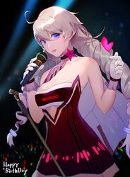  absurdres antenna_hair bare_shoulders black_background black_dress blue_eyes breasts cleavage daylightallure dress drill_hair female finger_heart gloves hair_between_eyes heart highres holding honkai_(series) honkai_impact_3rd kiana_kaslana kiana_kaslana_(valkyrie_ranger) lipstick long_hair looking_at_viewer makeup microphone smile teeth twin_drills white_gloves white_hair 