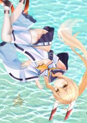  ahoge ascot ass ayanami_(azur_lane) ayanami_(retrofit)_(azur_lane) azur_lane beach belt blonde_hair breasts choker commentary detached_sleeves female headgear highres in_water long_hair looking_at_viewer lying midriff mitsu336 orange_eyes pleated_skirt ponytail ribbon-trimmed_sleeves ribbon_trim school_uniform serafuku skirt solo starfish thighhighs underboob white_thighhighs wide_sleeves zettai_ryouiki 