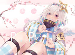  amane_kanata amane_kanata_(1st_costume) angel angel_wings armband asymmetrical_hair bibimbub blue_bow blue_bowtie blue_hair blush bob_cut bow bowtie cherry_blossoms colored_inner_hair commentary_request feathered_wings female graph graph_(object) grey_hair grin hair_between_eyes halo highres hololive index_finger_raised long_sleeves looking_at_viewer medium_hair multicolored_hair pie_chart pink_eyes plaid plaid_legwear purple_eyes sailor_collar shin_strap single_hair_intake smile solo star_halo teeth thighs virtual_youtuber wings 