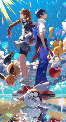  1boy :&lt; ^_^ artist_name back-to-back baseball_cap bike_shorts black_hair brown_hair closed_eyes closed_mouth cloud copyright_name day eevee eyelashes female glint gotcha! gotcha!_boy_(pokemon) gotcha!_girl_(pokemon) grey_skirt hair_tie hand_in_pocket happy hat highres jacket jitome light_particles light_rays long_hair long_sleeves looking_up loose_socks nrmya outdoors pants pikachu pleated_skirt poke_ball poke_ball_(basic) pokemon pokemon_(creature) puddle rain reflection sandals shoes short_hair short_sleeves skirt sky smile socks standing tied_hair toes twintails twitter_username unworn_hat unworn_headwear water watermark zipper 