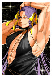  1boy abs armpits bara bb_dubai_(fate) bb_dubai_(fate)_(cosplay) black_dress braided_hair_rings cosplay cowboy_shot crossdressing dancing dress duryodhana_(fate) earrings fabulous facial_hair fate/grand_order fate_(series) goatee goatee_stubble hair_ribbon highres itaru_(kidomh63) jewelry large_pectorals long_hair looking_at_viewer male_focus mature_male muscular muscular_male pectoral_cleavage pectorals purple_eyes purple_hair ribbon sidepec solo starry_background stubble thick_eyebrows yellow_ribbon 