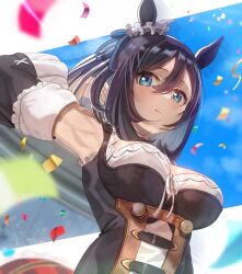  animal_ears arm_behind_head arm_up armpits black_hair blue_eyes blue_sky blurry blurry_background breasts choker confetti detached_sleeves dirndl double-parted_bangs ear_scrunchie eishin_flash_(umamusume) female frills from_below german_clothes hair_between_eyes highres hitoshi_suda horse_ears large_breasts long_hair looking_to_the_side parted_lips red_choker scrunchie sky solo_focus three_quarter_view umamusume white_scrunchie 