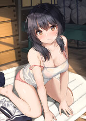  barefoot black_hair black_skirt blush bra breasts brown_eyes camisole cleavage female fingernails full_body gym_storeroom highres long_hair looking_at_viewer low_twintails medium_breasts original panties parted_lips pink_bra pink_panties pleated_skirt school_uniform sitting skirt solo strap_slip sweat sweatdrop twintails unasaka_ryou underwear unworn_shirt unworn_skirt wariza white_camisole 