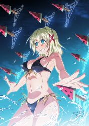  bikini black_bikini blonde_hair blue_eyes breasts fate_(series) female food front-tie_bikini_top front-tie_top gate_of_babylon_(fate) hair_ornament highres lyrical_nanoha mahou_shoujo_lyrical_nanoha_strikers medium_breasts parody popsicle short_hair side-tie_bikini_bottom solo standing swimsuit tappa_(esperanza) watermelon_bar x_hair_ornament yagami_hayate 