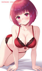  arima_kana artist_name blunt_bangs blush bob_cut bra breasts cleavage closed_mouth collarbone female front-tie_bra hat highres inverted_bob large_breasts looking_at_viewer oshi_no_ko panties red_bra red_eyes red_hair red_panties sebu_illust short_hair simple_background solo underwear underwear_only watermark white_background 