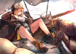  absurdres arm_support black_jacket blonde_hair boots bridge brown_jacket browning_m1919 chadlink chinese_commentary chocolate combat_helmet commentary_request commission cross-laced_footwear english_commentary female food girls&#039;_frontline goggles goggles_on_headwear grey_leotard grey_socks gun hair_ornament hairpin helmet highres holding holding_chocolate holding_food jacket leotard m1919a4_(girls&#039;_frontline) m1919a4_(mod3)_(girls&#039;_frontline) machine_gun mixed-language_commentary multiple_hairpins open_mouth red_eyes sandbag second-party_source sitting smoke smoking_barrel socks solo teeth tripod upper_teeth_only weapon 