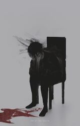  1boy aoi_ogata black_footwear black_hair black_pants black_shirt blood chair clip_studio_paint_(medium) commentary english_commentary full_body grey_background highres leaning_forward male_focus on_chair original pants shirt shoes simple_background sitting solo 