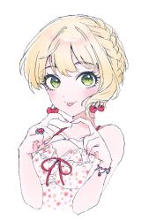  bare_shoulders blonde_hair blush bracelet braid breasts cherry_earrings cleavage collarbone commentary_request cropped_torso dress dress_ribbon earrings female floral_print food-themed_earrings green_eyes heart heart_hands highres hukka_(hukka_ready) idolmaster idolmaster_cinderella_girls jewelry looking_at_viewer medium_breasts miyamoto_frederica nail_polish pink_nails red_ribbon ribbon short_hair simple_background solo spaghetti_strap tongue tongue_out upper_body white_background white_dress 