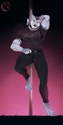  absurd_res anthro canid canine canis clothed clothing digitigrade facial_piercing hand_behind_head hi_res looking_at_viewer male mammal muscular nerton nose_piercing nose_ring on_one_leg piercing pole ring_piercing security security_guard smile solo standing wolf 