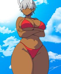  absurdres bikini breasts dark-skinned_female dark_skin female highres icryvt large_breasts navel original self-upload short_hair sky solo swimsuit thick_thighs thighs tomboy virtual_youtuber white_hair wide_hips 