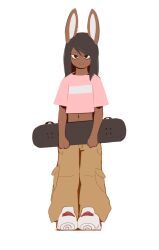  2024 alpha_channel anthro bottomwear brown_body brown_fur brown_hair clothing femboy footwear front_view fur hair janis_(twang) lagomorph leporid long_ears looking_at_viewer male mammal midriff navel pants pink_clothing pink_shirt pink_topwear rabbit shirt shoes simple_background skateboard solo standing tan_bottomwear tan_clothing tan_pants topwear transparent_background twang vehicle white_clothing white_footwear white_shoes 