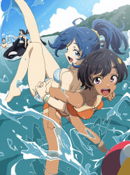  1boy 3girls absurdres ahoge back-to-back ball barefoot beachball bikini black_hair black_one-piece_swimsuit blue_bikini blue_eyes blue_hair blue_sky casual_one-piece_swimsuit cloud dark-skinned_female dark_skin day highres inflatable_toy inflatable_whale make_heroine_ga_oo_sugiru! mountain multiple_girls ocean one-piece_swimsuit open_mouth orange_bikini outdoors peeqaboo ponytail purple_eyes short_hair side-tie_bikini_bottom sky smile splashing strapless strapless_bikini swimsuit tamaki_shintarou tan tanlines teeth tsukinoki_koto upper_teeth_only water yakishio_remon yanami_anna 